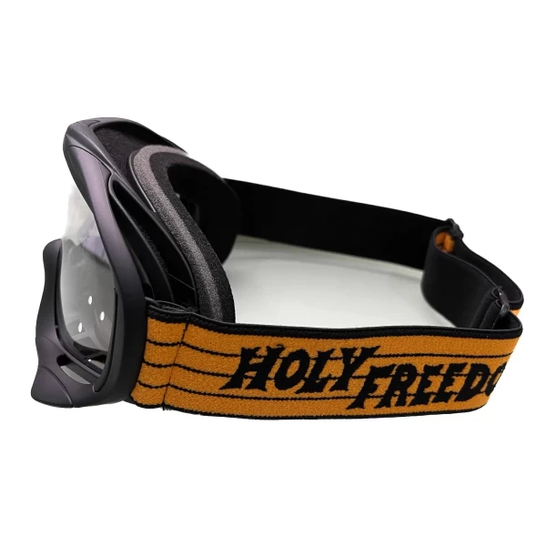 Occhiali moto vintage Snowheels Holyfreedom front view con design pulito e vestibilità universale.