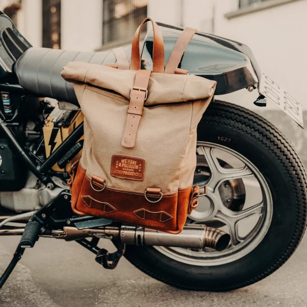 Bushcraft backpack worn in a scrambler outfit for short trips and daily rides