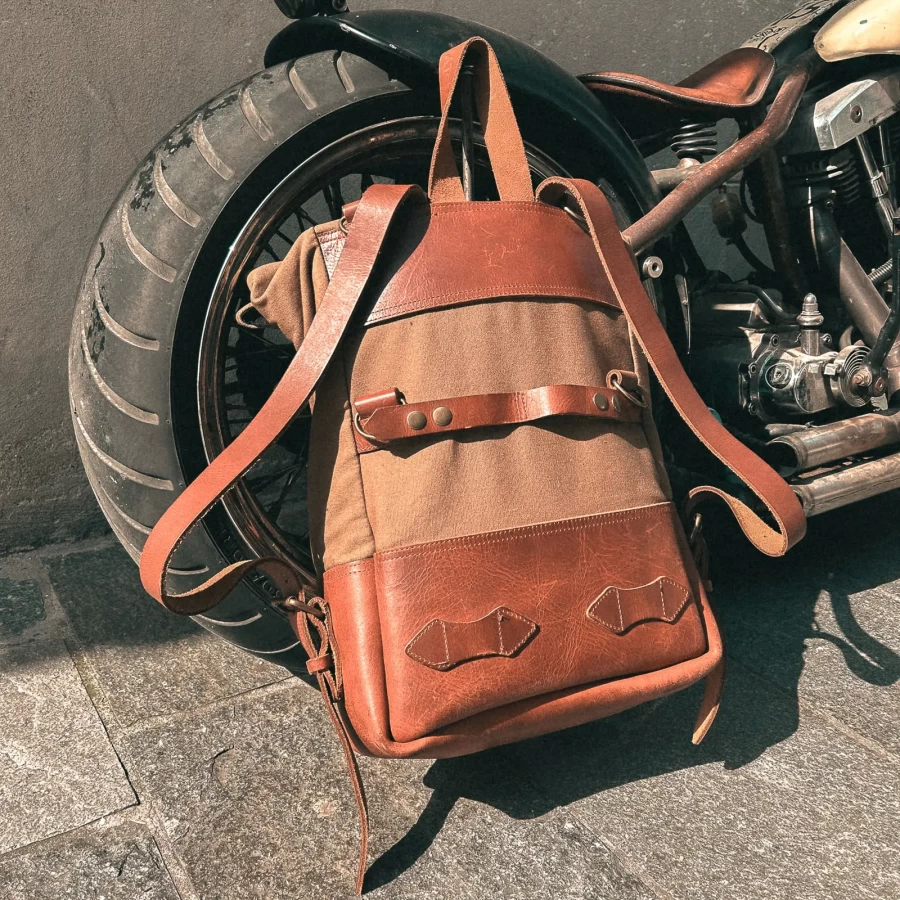 Bushcraft backpack worn in a scrambler outfit for short trips and daily rides