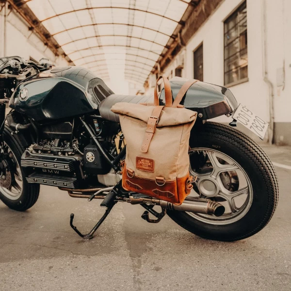 Bushcraft backpack worn in a scrambler outfit for short trips and daily rides