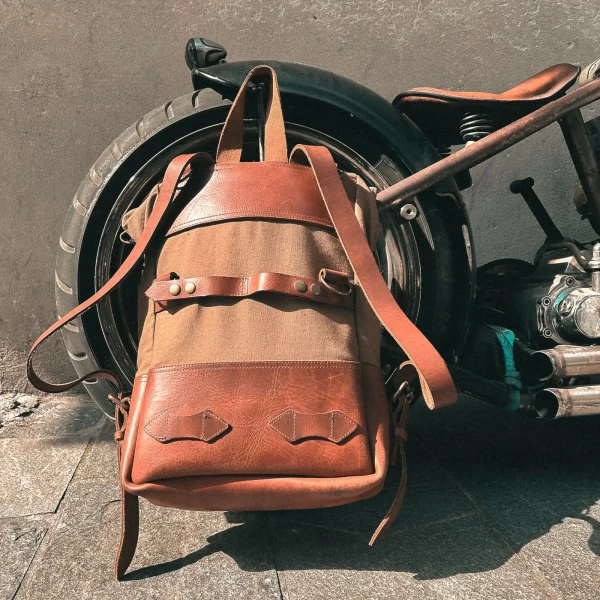 Bushcraft backpack worn in a scrambler outfit for short trips and daily rides