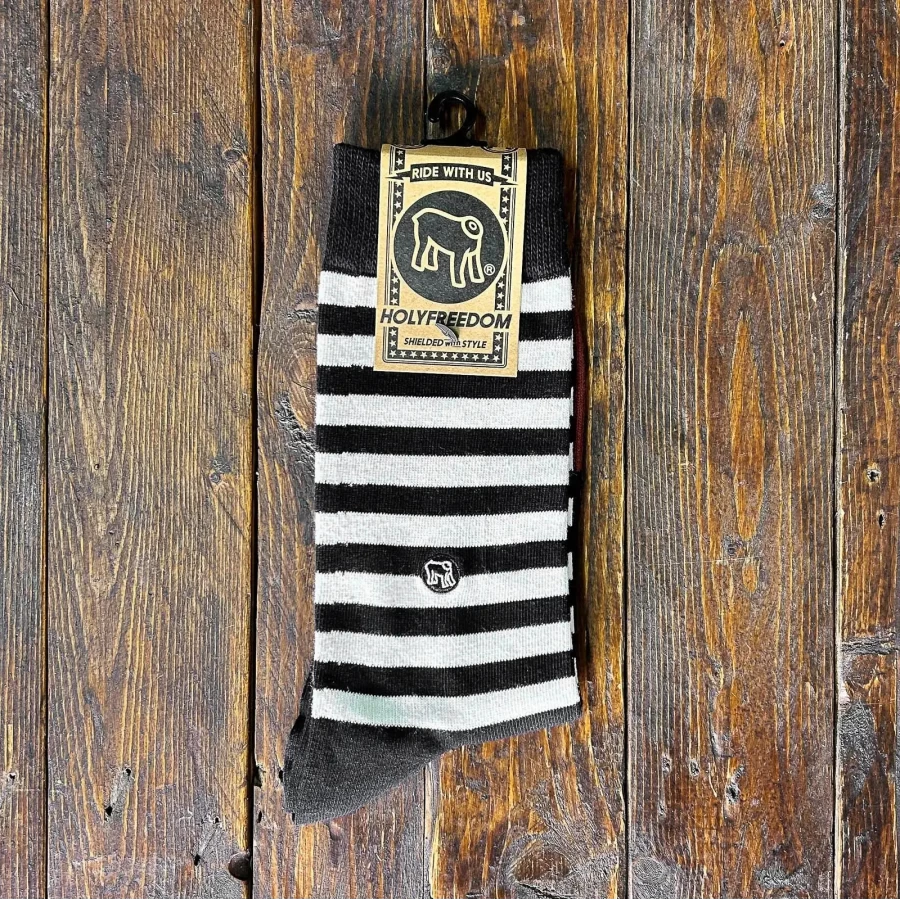 Holyfreedom St. Quentin cafe racer socks shown front on, with a vintage biker feel.