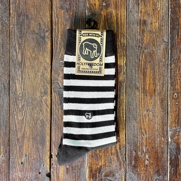 Holyfreedom St. Quentin cafe racer socks shown front on, with a vintage biker feel.