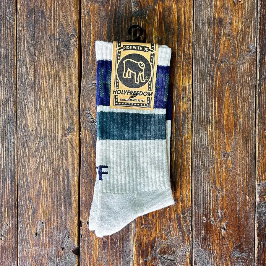 Front view of Holyfreedom Larrybird Sox: vintage motorcycle socks with exclusive graphics.