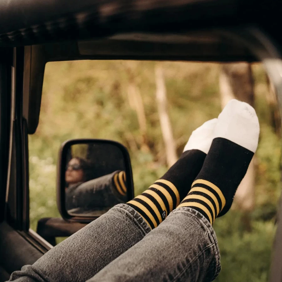 Holyfreedom Maya Sox worn under motorcycle boots for comfort, fit and everyday style.