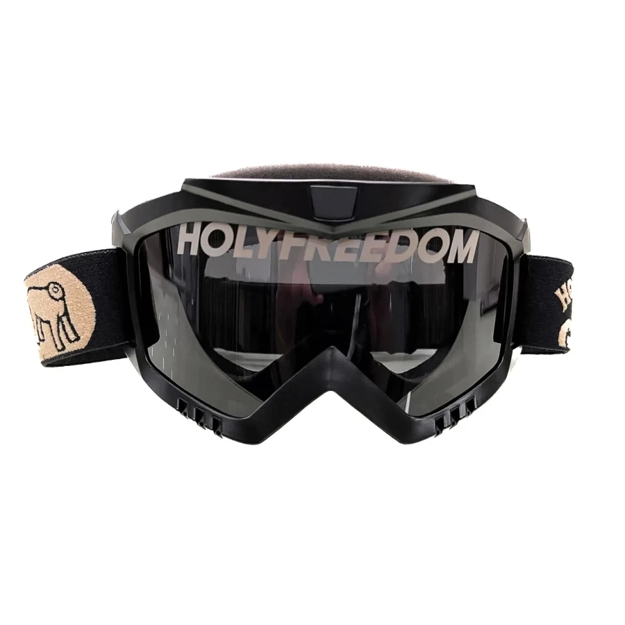 Vista frontale degli occhiali moto vintage Holyfreedom Fat Rat, fit universale per casco jet.