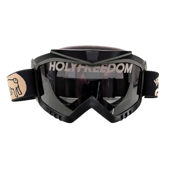Vista frontale degli occhiali moto vintage Holyfreedom Fat Rat, fit universale per casco jet.