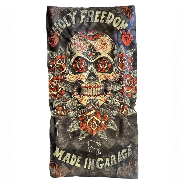 Front view of the Los Muertos motorcycle tube scarf in Primaloft®, warm and compact.