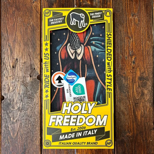 Dettaglio grafica Guadalupe su tubolare moto estivo Holyfreedom in tessuto Drykeeper®