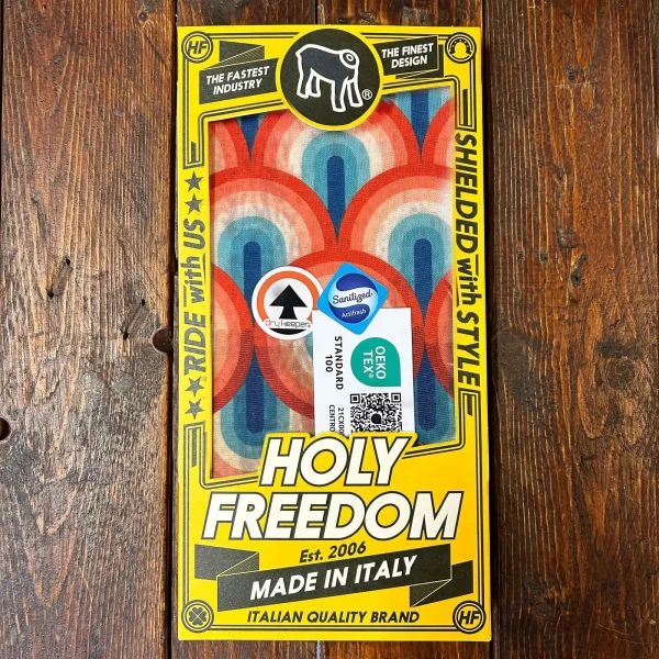 Close-up of the Seventies graphic on a vintage motorcycle tube scarf
