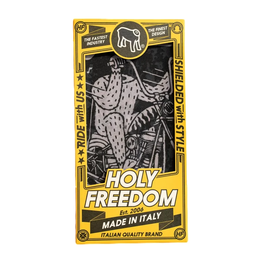 Close-up of the Yeti graphic on a lightweight tube scarf with original Holyfreedom design.