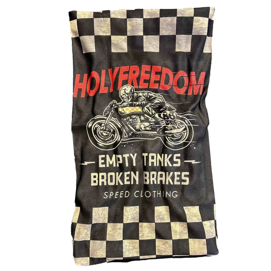 Tubolare moto Ghostrider in Drykeeper, vista frontale con grafica Holyfreedom e vestibilità morbida.