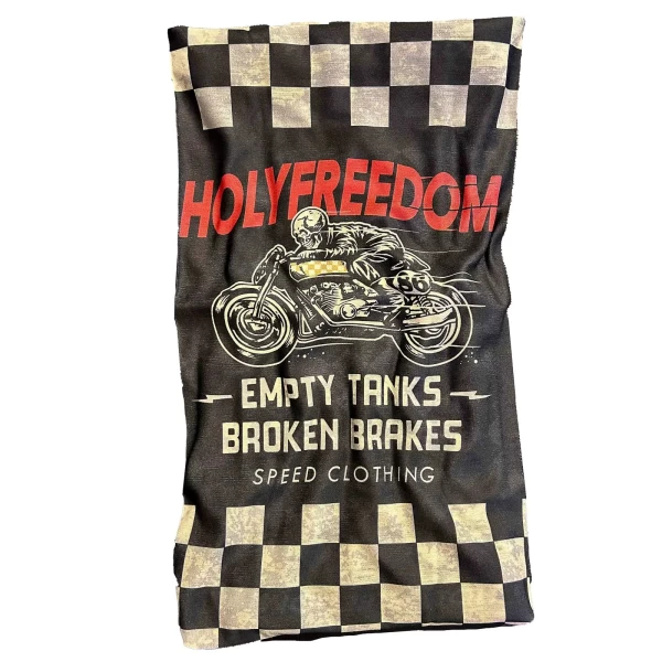 Tubolare moto Ghostrider in Drykeeper, vista frontale con grafica Holyfreedom e vestibilità morbida.
