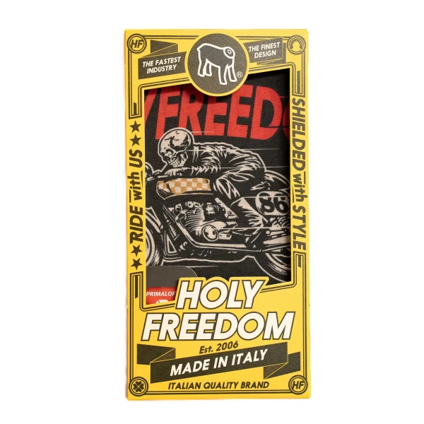 Dettaglio della grafica Ghostrider su tessuto tecnico, design originale Holyfreedom per moto custom.