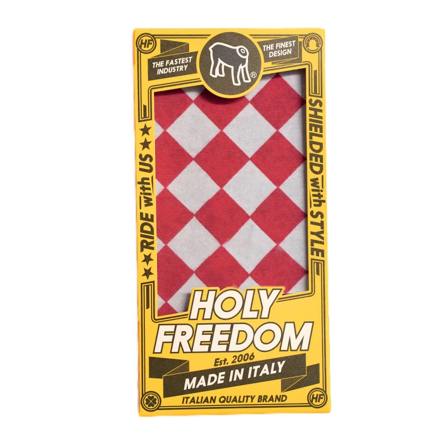 Dettaglio della grafica Bullit Red su tubolare multifunzione per moto custom e vintage.