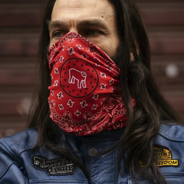 Graphic detail of Rosso original artwork, a bold accessory for vintage motorcycle style.