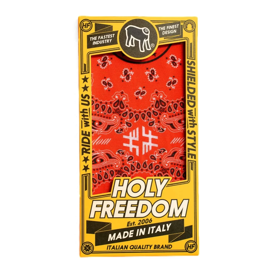 Dettaglio grafica Rosso Holyfreedom, accessorio moto vintage con stile deciso.