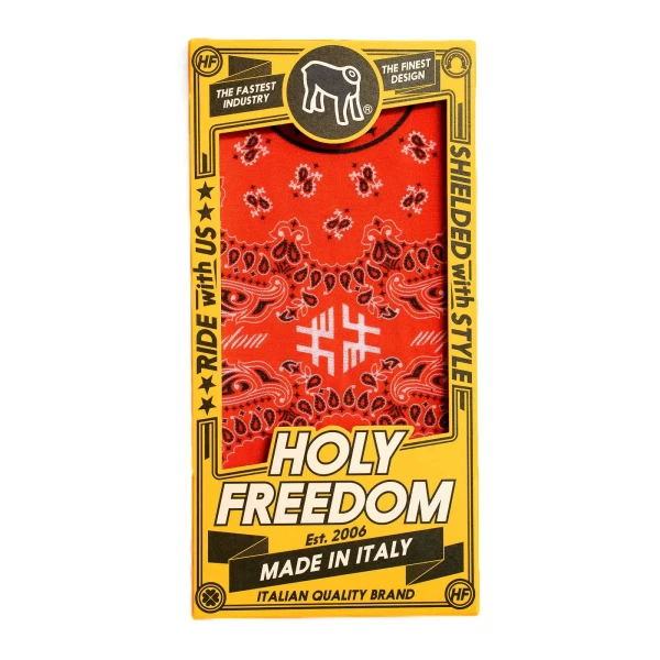 Dettaglio grafica Rosso Holyfreedom, accessorio moto vintage con stile deciso.