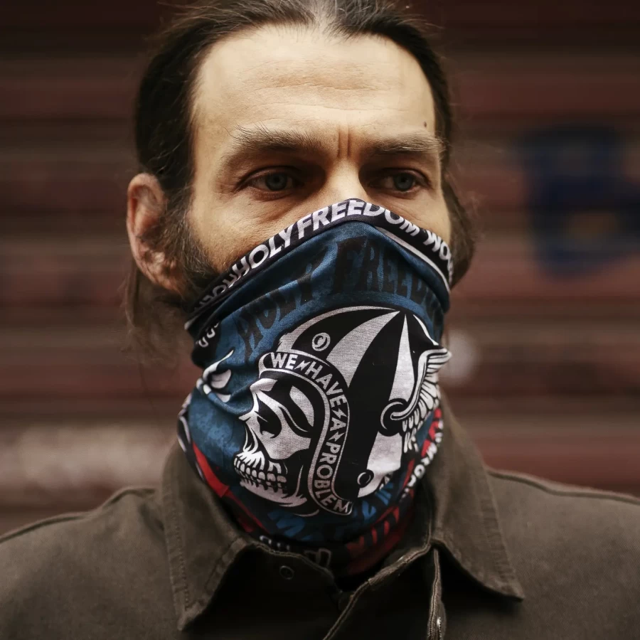Close-up of the original Poker Skull graphic by Holyfreedom on PrimaLoft® fabric.