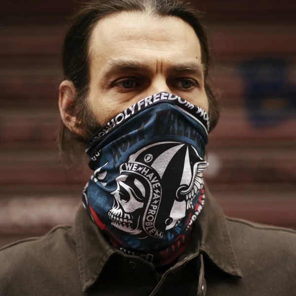 Close-up of the original Poker Skull graphic by Holyfreedom on PrimaLoft® fabric.