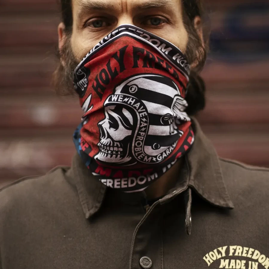 Close-up of the original Poker Skull graphic by Holyfreedom on PrimaLoft® fabric.