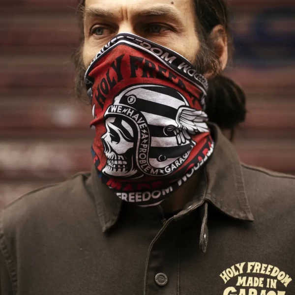 Worn as a neck tube on a cafe racer ride for a custom look and comfort.