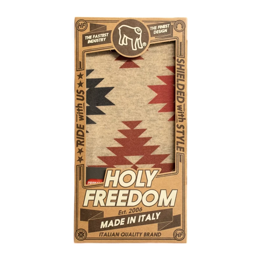 Graphic detail of the Cheyenne design on a warm vintage-style motorcycle tube scarf.