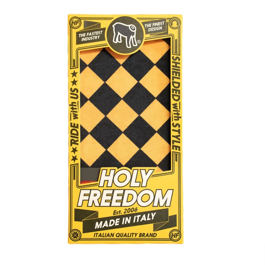 Dettaglio grafico Bullit Yellow su tubolare multifunzione per moto vintage e custom.