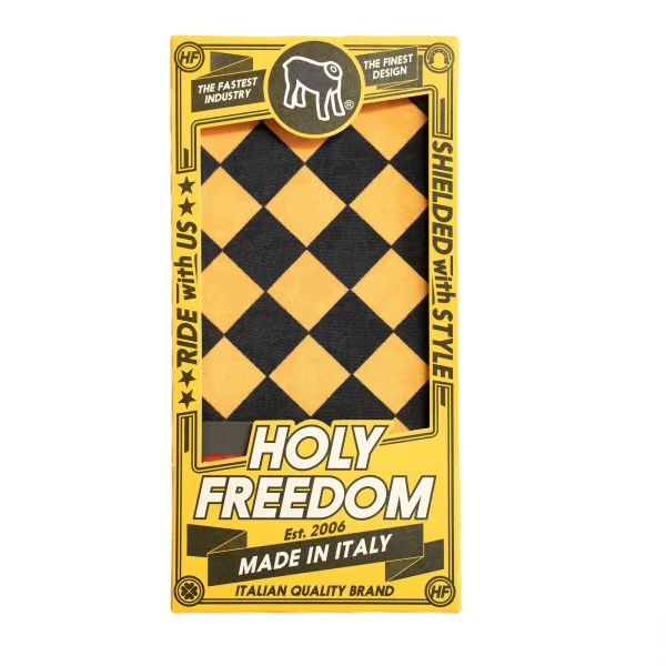 Dettaglio grafico Bullit Yellow su tubolare multifunzione per moto vintage e custom.