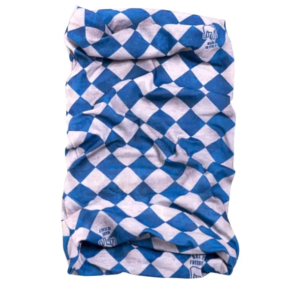 Front view of the Bullit Blue PrimaLoft motorcycle tube scarf, built for vintage riding