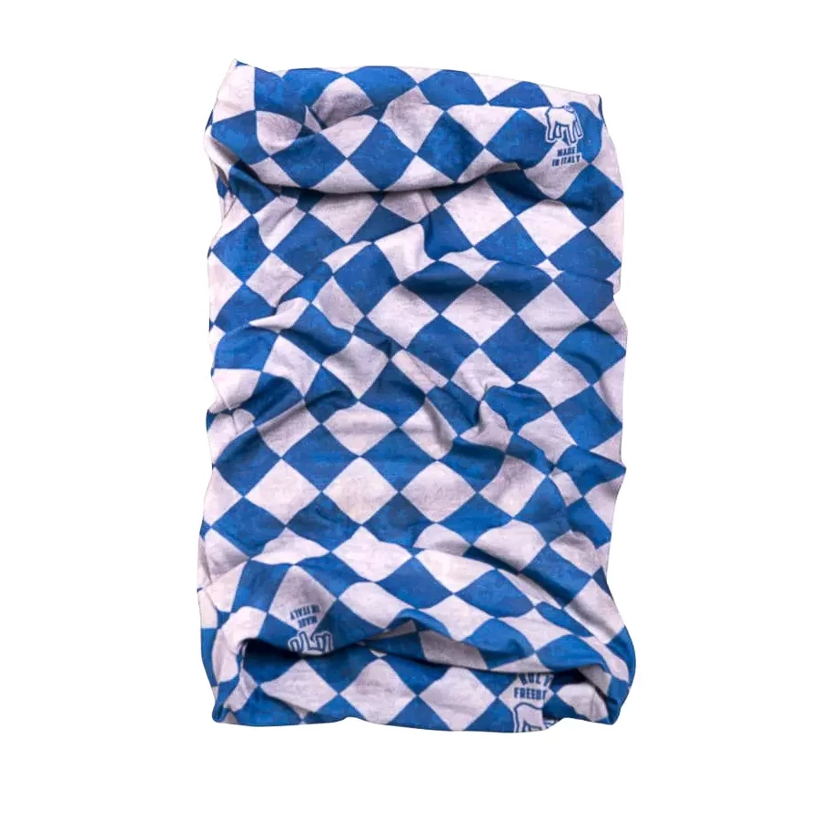 Vista frontale del tubolare moto Bullit Blue PrimaLoft, accessorio tecnico per riding vintage.