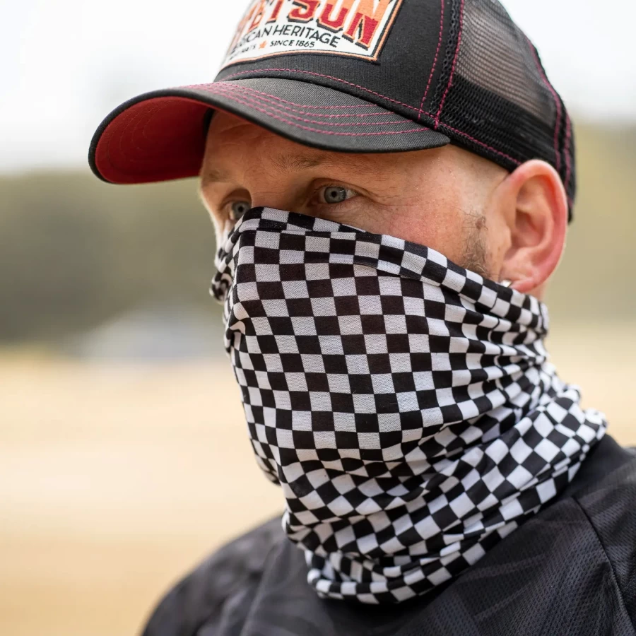 Close-up of the Sir Cock graphic on a warm PrimaLoft® Repreve tube scarf