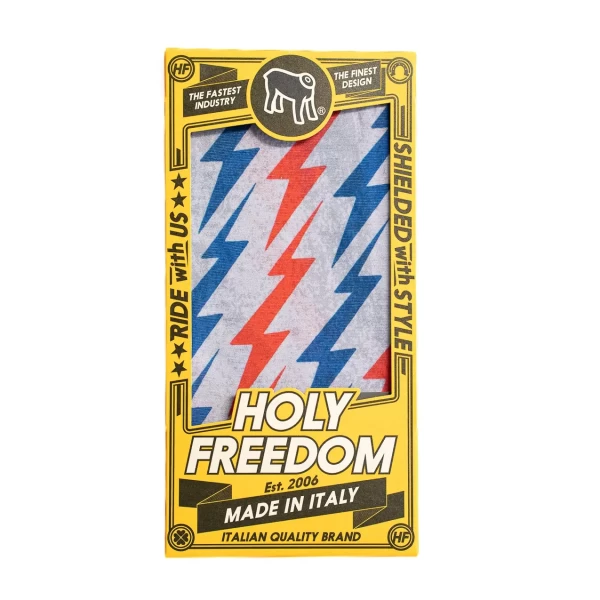 Dettaglio grafico del tubolare moto France, stampa Holyfreedom su tessuto tecnico PrimaLoft.