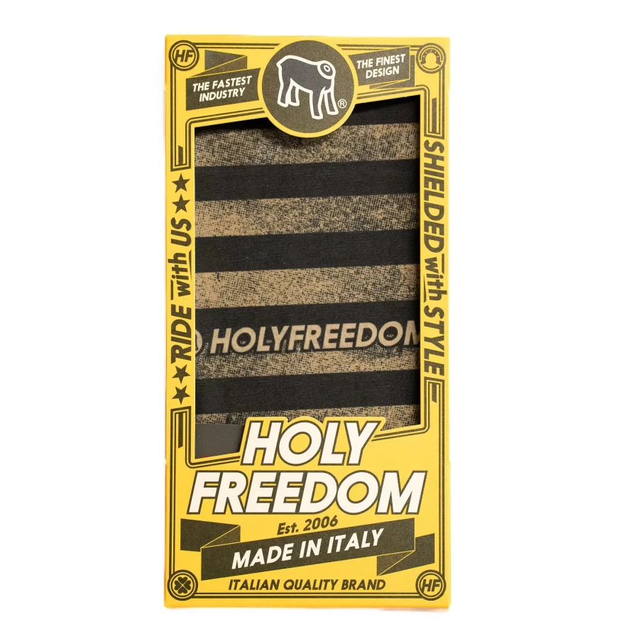 Dettaglio della grafica Oro originale Holyfreedom su tessuto PrimaLoft®.