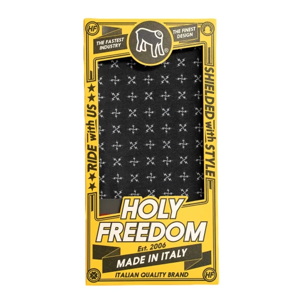 Glemsek motorcycle tube scarf in PrimaLoft, front view with bold Holyfreedom graphic. 2
