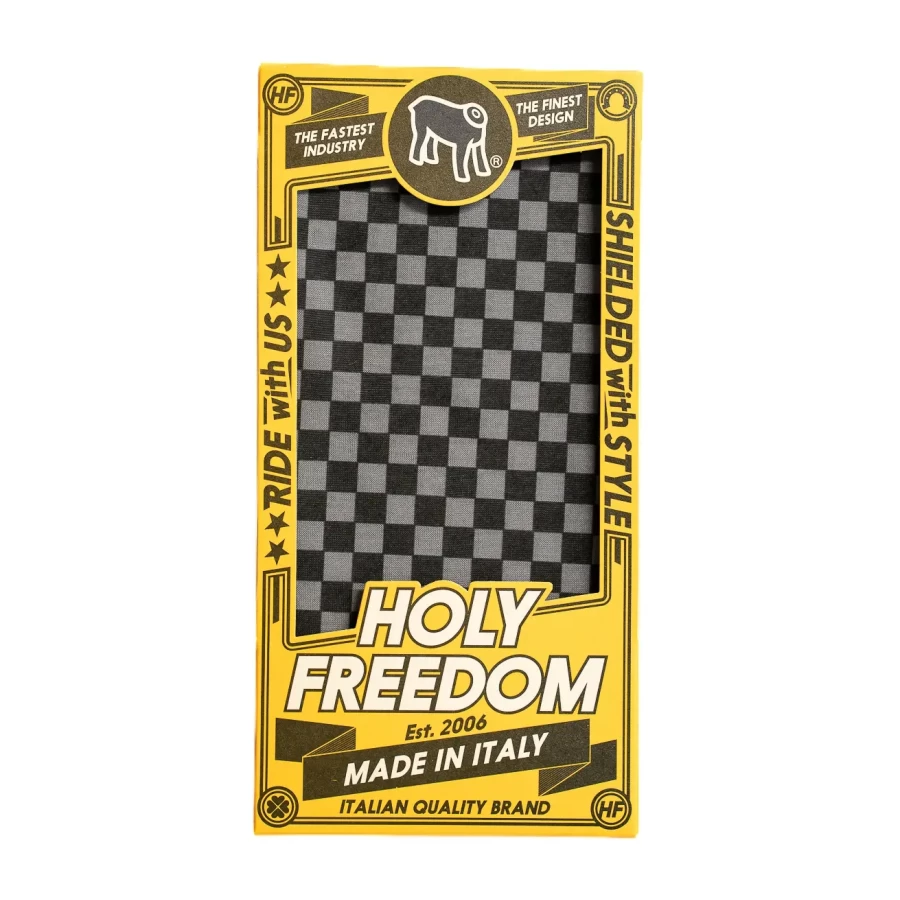 Dettaglio grafica Sir Dark su tubolare moto tecnico in PrimaLoft® Repreve