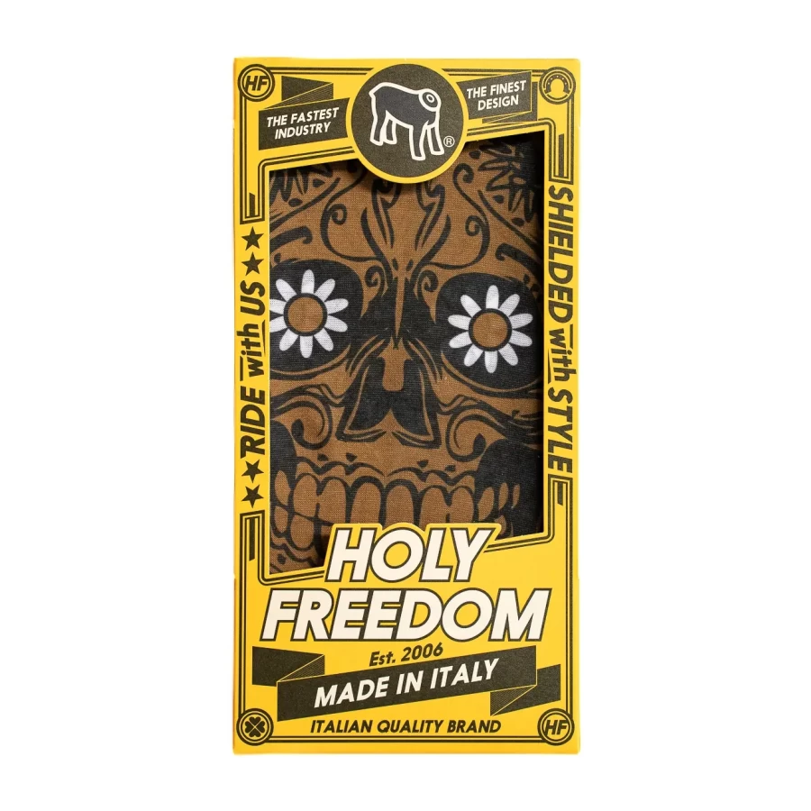 Dettaglio grafica Golden Skull su tubolare moto multifunzione Holyfreedom