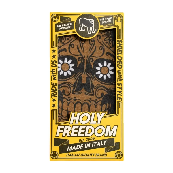 Close-up of Golden Skull graphic on Holyfreedom Primaloft® motorcycle tube scarf
