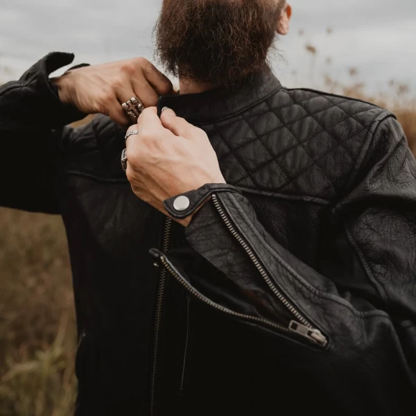 Close-up of certified leather and Holyfreedom finishing, clean and authentic.