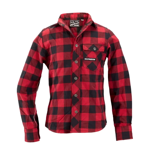 Camicia flanella moto vintage rossa Holyfreedom, vista frontale con taglio regular.