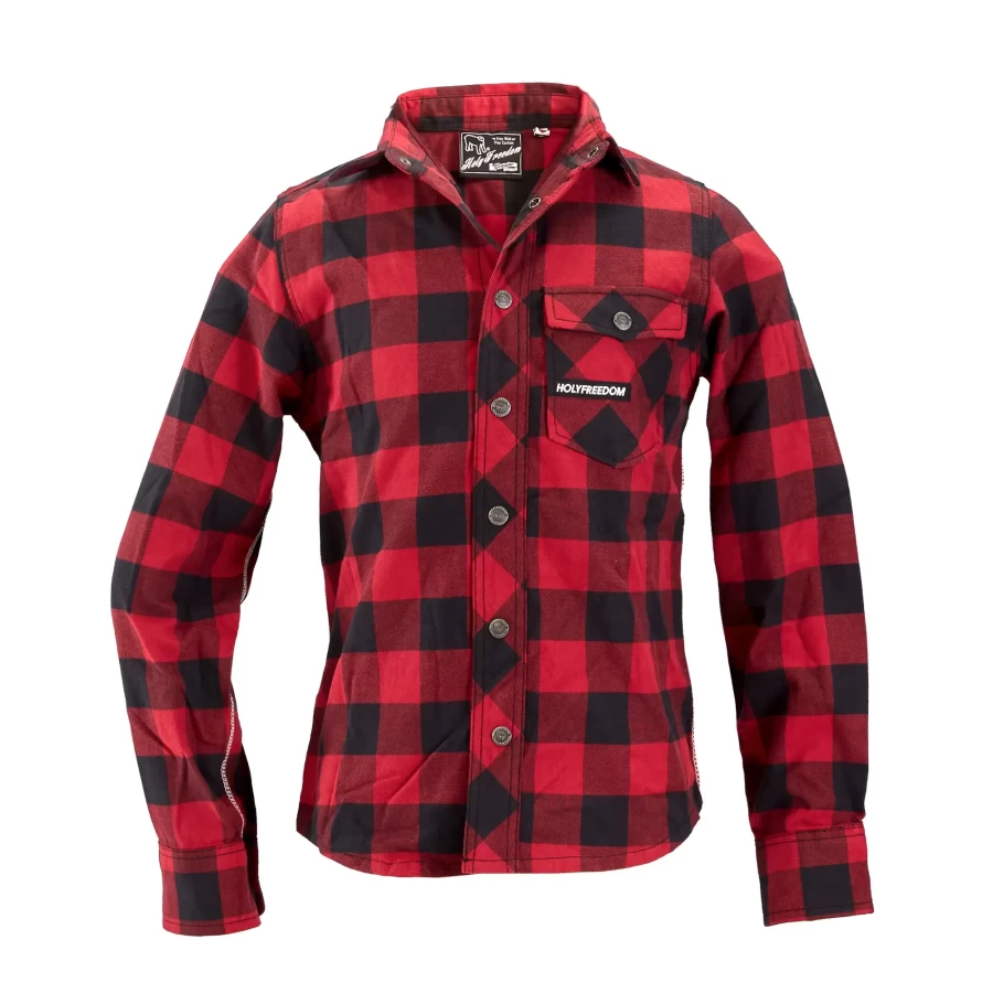 Camicia flanella moto vintage rossa Holyfreedom, vista frontale con taglio regular.