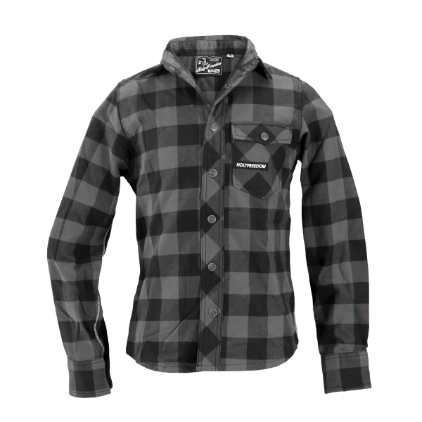 Holyfreedom grey flannel shirt, front view with clean biker fit and casual layering.