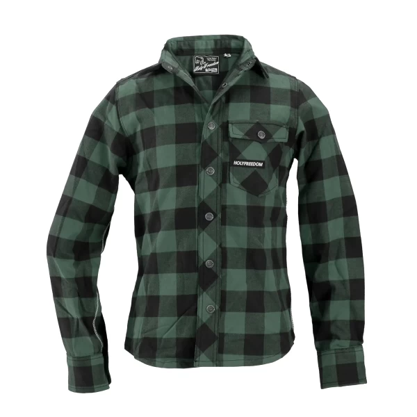 Camicia flanella moto vintage verde Holyfreedom, vista frontale con taglio regular.