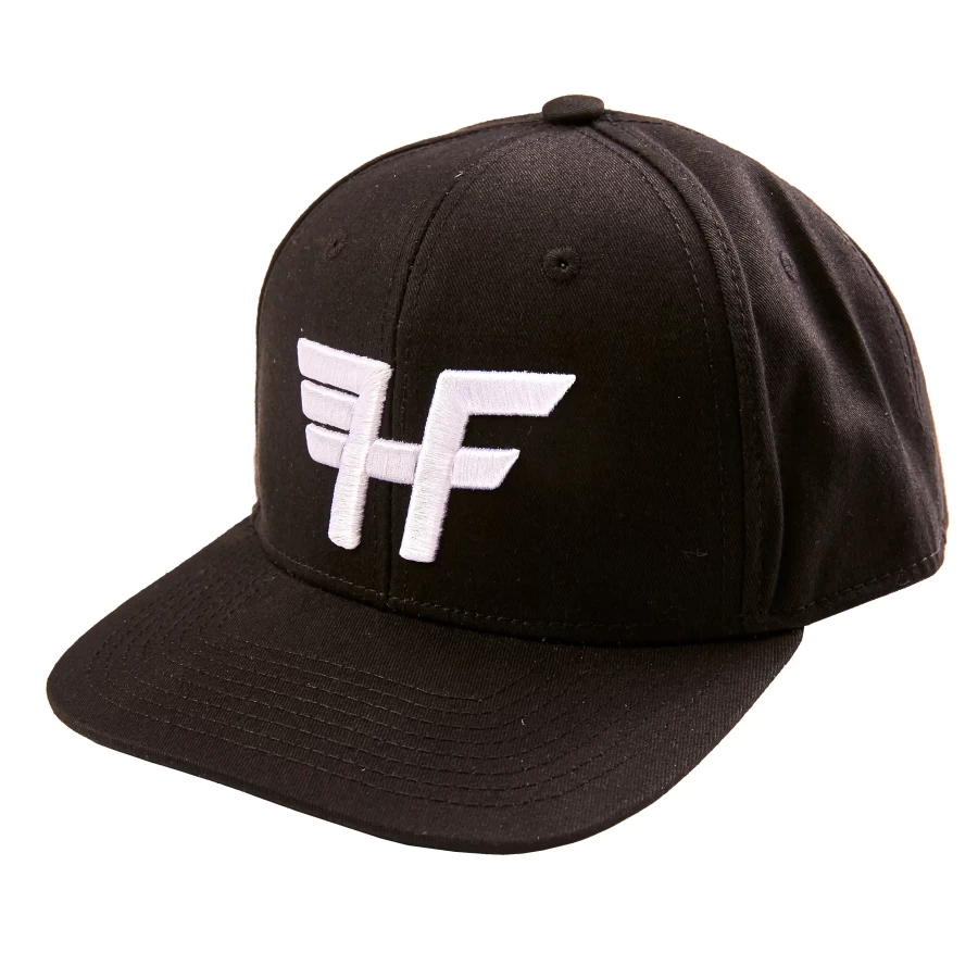 Front view of Holyfreedom trucker cap with original vintage moto graphic and curved visor.