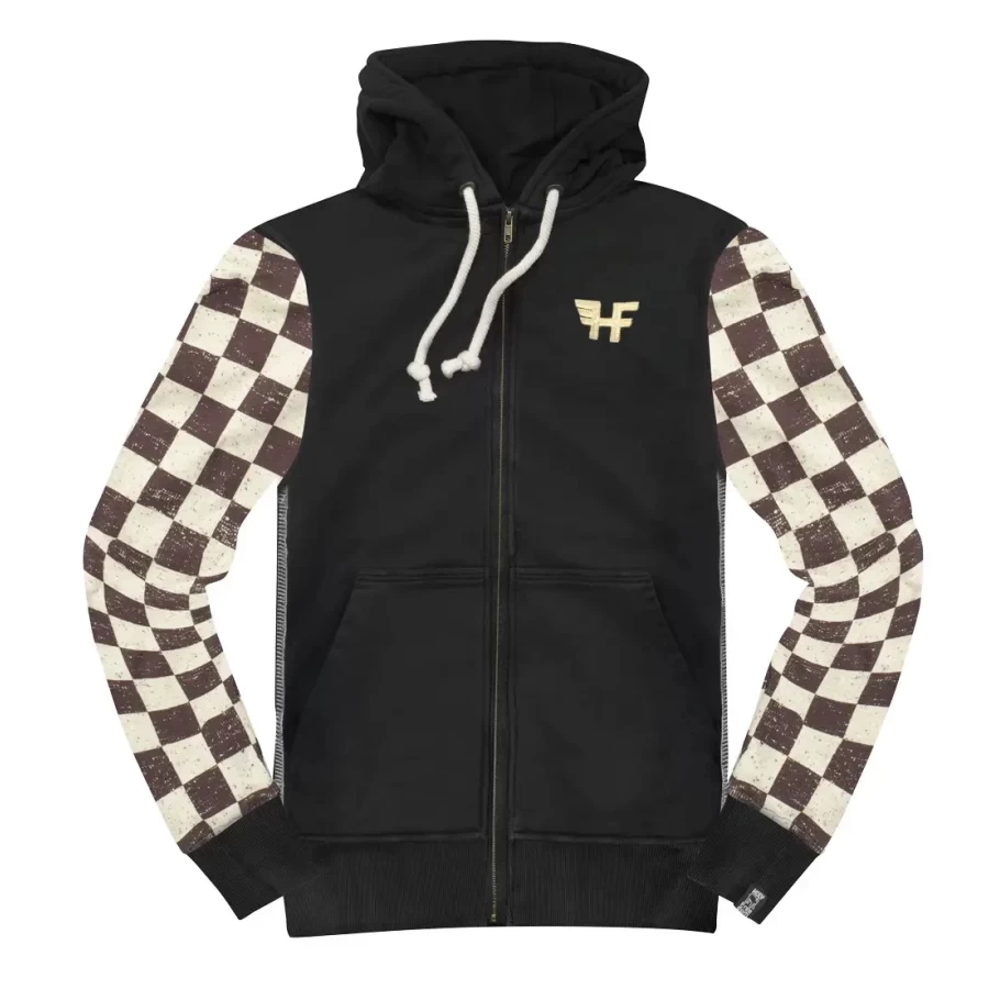 Vista frontale della felpa zip Caferace Holyfreedom con cappuccio e taglio comodo.