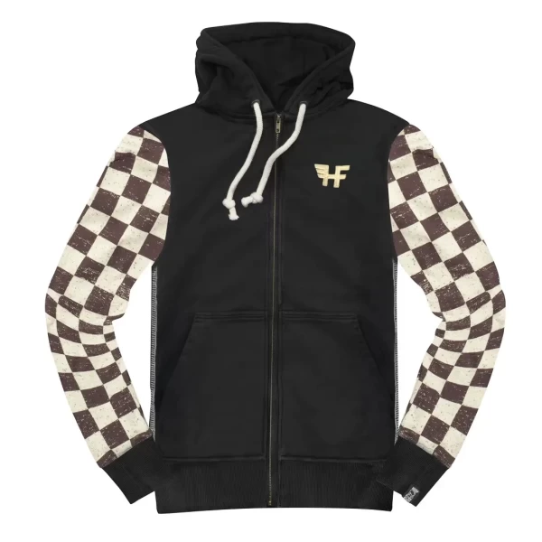 Vista frontale della felpa zip Caferace Holyfreedom con cappuccio e taglio comodo.