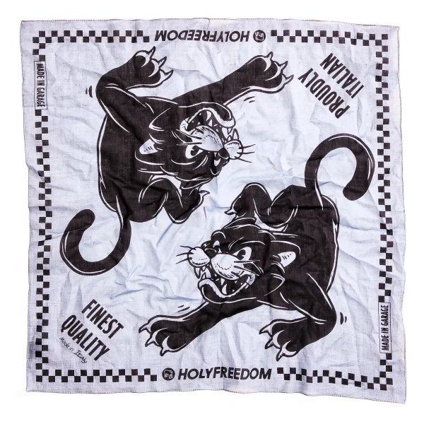 Due Puma motorcycle tube scarf front view with scrambler artwork and light fabric.