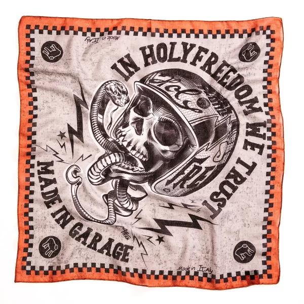 Foulard moto Holyfreedom Serpe visto frontalmente, con grafica custom e stile vintage.