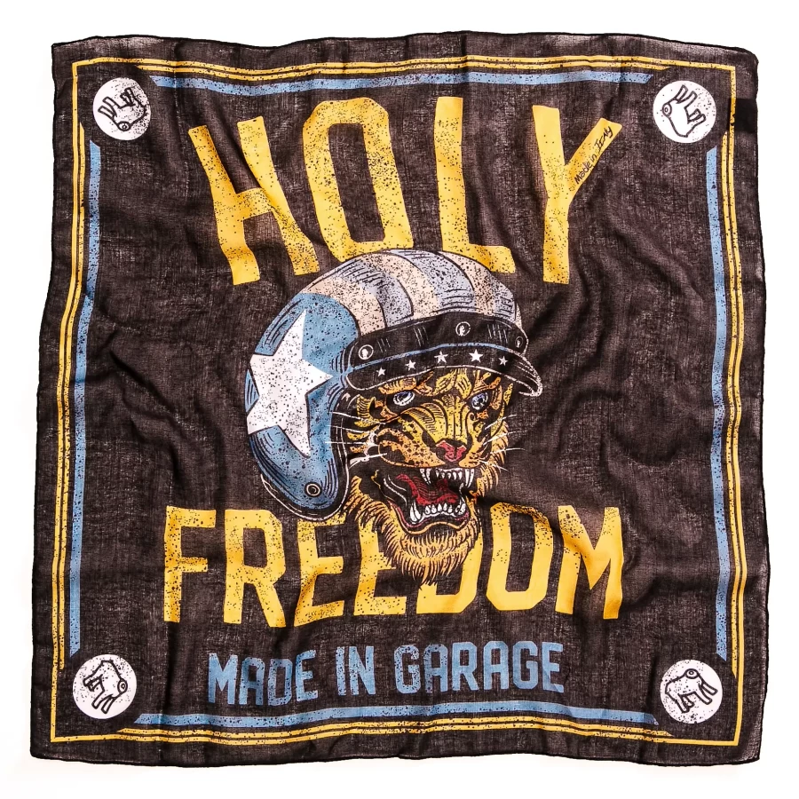 Front view of the Holyfreedom Tiger motorcycle scarf, a lightweight vintage accessory for riders.