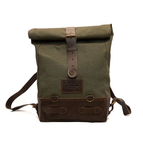 Front view of the Bushcraft Green roll-top motorcycle backpack with reinforced straps